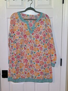 Talbots Colorful Seashell Tunic Top with Teal Trim. Plus size XL